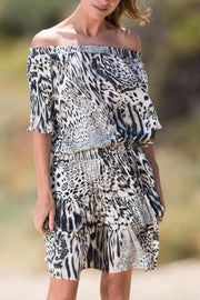 Careyes Cheetah Off Shoulder Shirred Dress