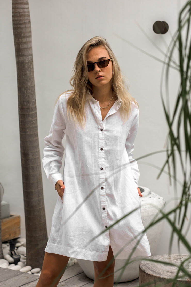Cayman White Linen Shirt Dress